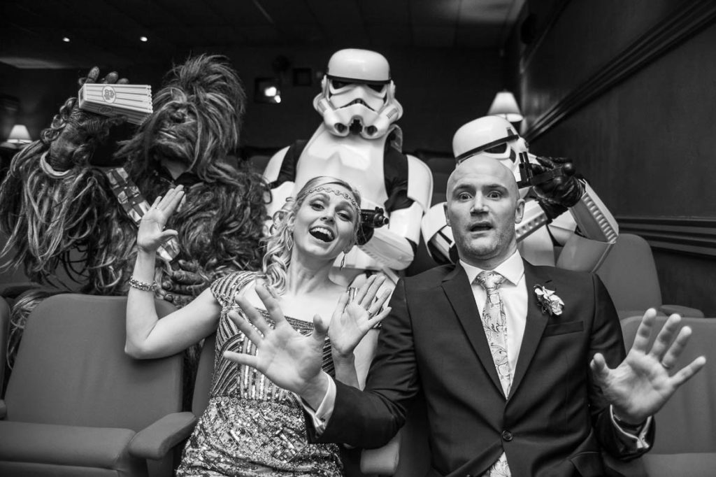 Wedding couple with Stormtroopers and Chewie